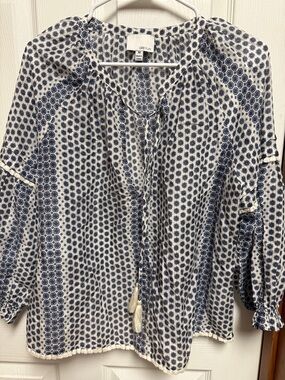 Greylin White and Navy Geometric Tassel Peasant Top